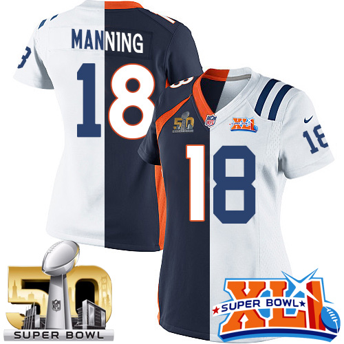 Women's Elite Peyton Manning Super Bowl XLI Nike Jersey White/Navy Blue - #18 Super Bowl L Colts/Broncos Split Fashion NFL Indianapolis Colts